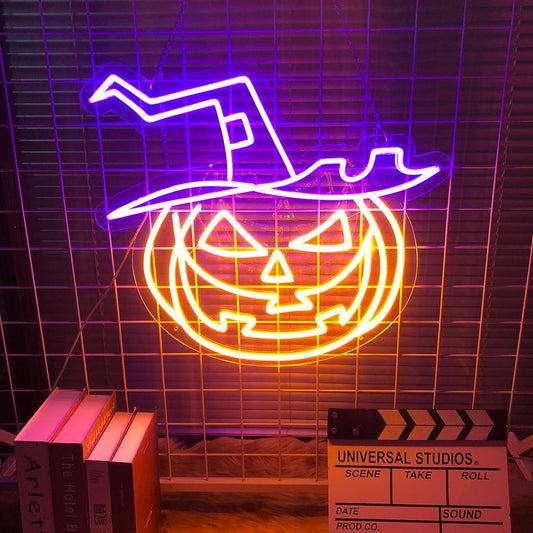 Evil Pumpkin With Hat Neon Sign